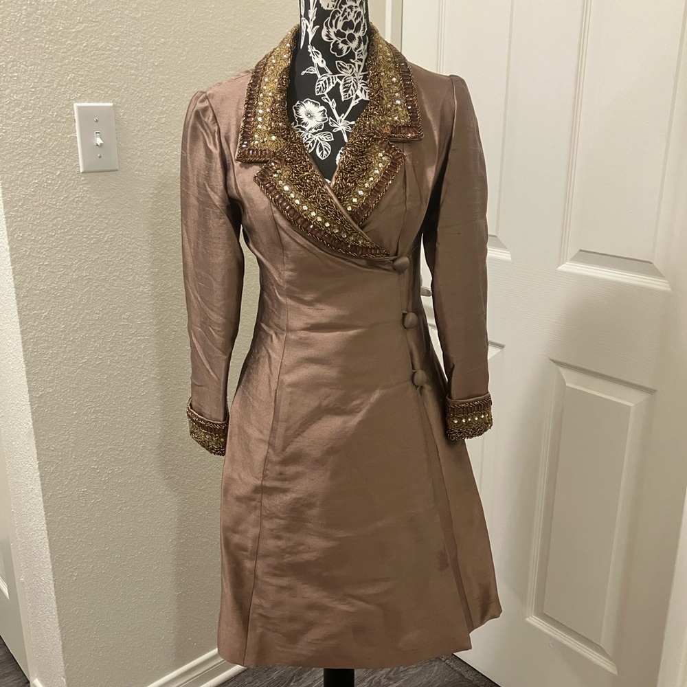 Vintage Brown Silk Embellished Coat Dress…with Pockets!
